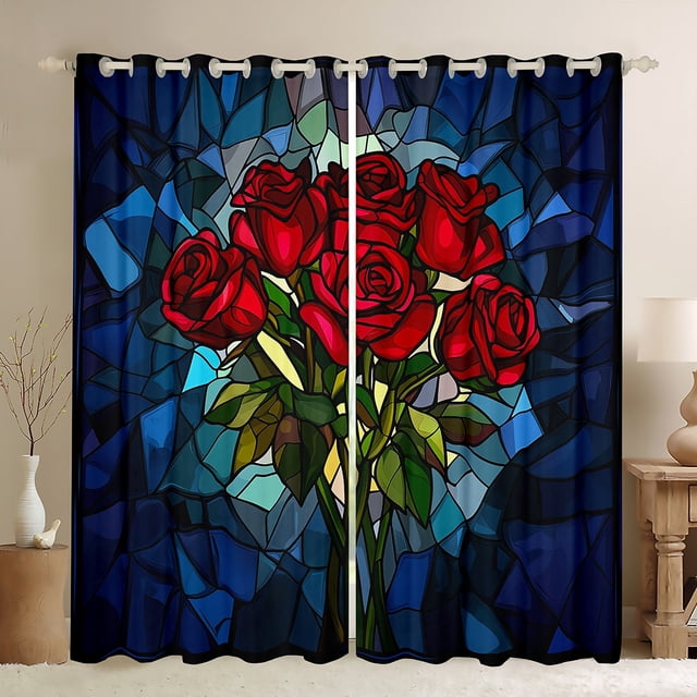 Ensemble de Rideaux de Fenêtre Roses Rouges de 2 Panneaux, Jardin Naturel Fleurs Épanouies Rideau de Fenêtre Romantique, Style Vitrail Artistique Rideau Patchwork pour Décoration de Chambre d'Ado Adulte, 42wx84l Pouces