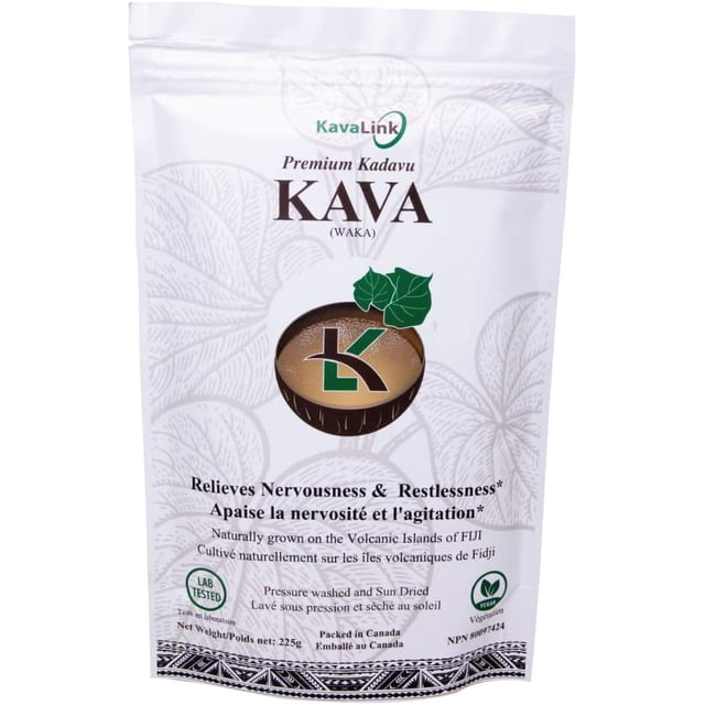 KAVALINK Premium Kadavu Kava (Waka) in a 225-gram resealable bag. The white packaging displays the KavaLink logo, a coconut bowl with green leaves, and text promoting its benefits for relieving nervousness and restlessness. The product is lab-tested, vegan, and naturally grown on Fiji's volcanic islands. Additional details include 'Pressure washed and sun-dried' and 'Packed in Canada.'