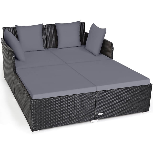 Gymax Patiojoy Lit de Jour d'Extérieur en Rotin avec Coussins, Conception Ergonomique, Rotin