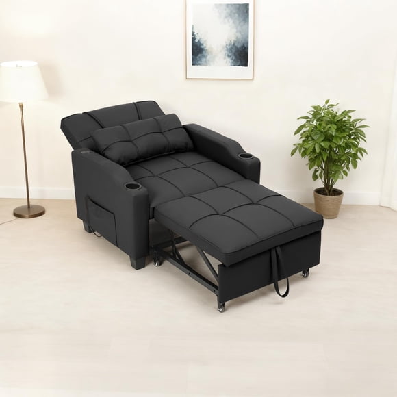 GloryStar 4 in 1 Convertible Chair Bed, Sleeper Sofa Recliner with Pull Out Bed, Vibration Massage, Lumbar Pillow, USB and Type C Charging, Cup Holders and Side Pocket for Small Space Use