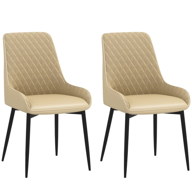 HOMCOM Dining Chairs Set of 2, khaki PU leather kitchen chairs with diamond tufting, foam cushions, and powder-coated black steel legs. These modern accent chairs feature a gently curved seat with raised edges for comfort and plastic foot pads to protect floors. Ideal for dining rooms, kitchens, offices, or living spaces.