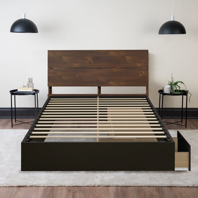 Lit en Bois avec Rangement et Tête de Lit (Truffe et Noir) - Grand Lit