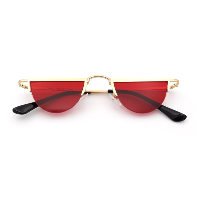 Lunettes de Soleil Hippie Funky à Demi-Cercle Court, Monture Plate, Demi-Cerclage Métallique, Or - Rouge
