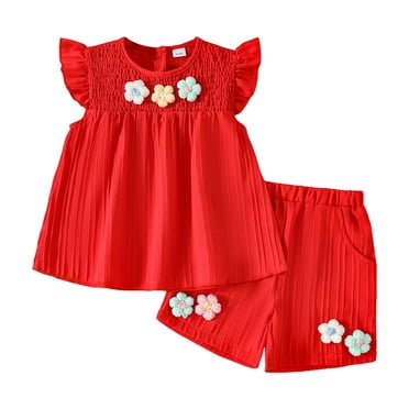 Splozh Baby Girl Clothes Toddler Baby Girl Summer Flower Ruffle Sleeveless Tunic Top Shorts Set Cotton Linen Outfit 2Pcs Watermelon Red,18-24 Months