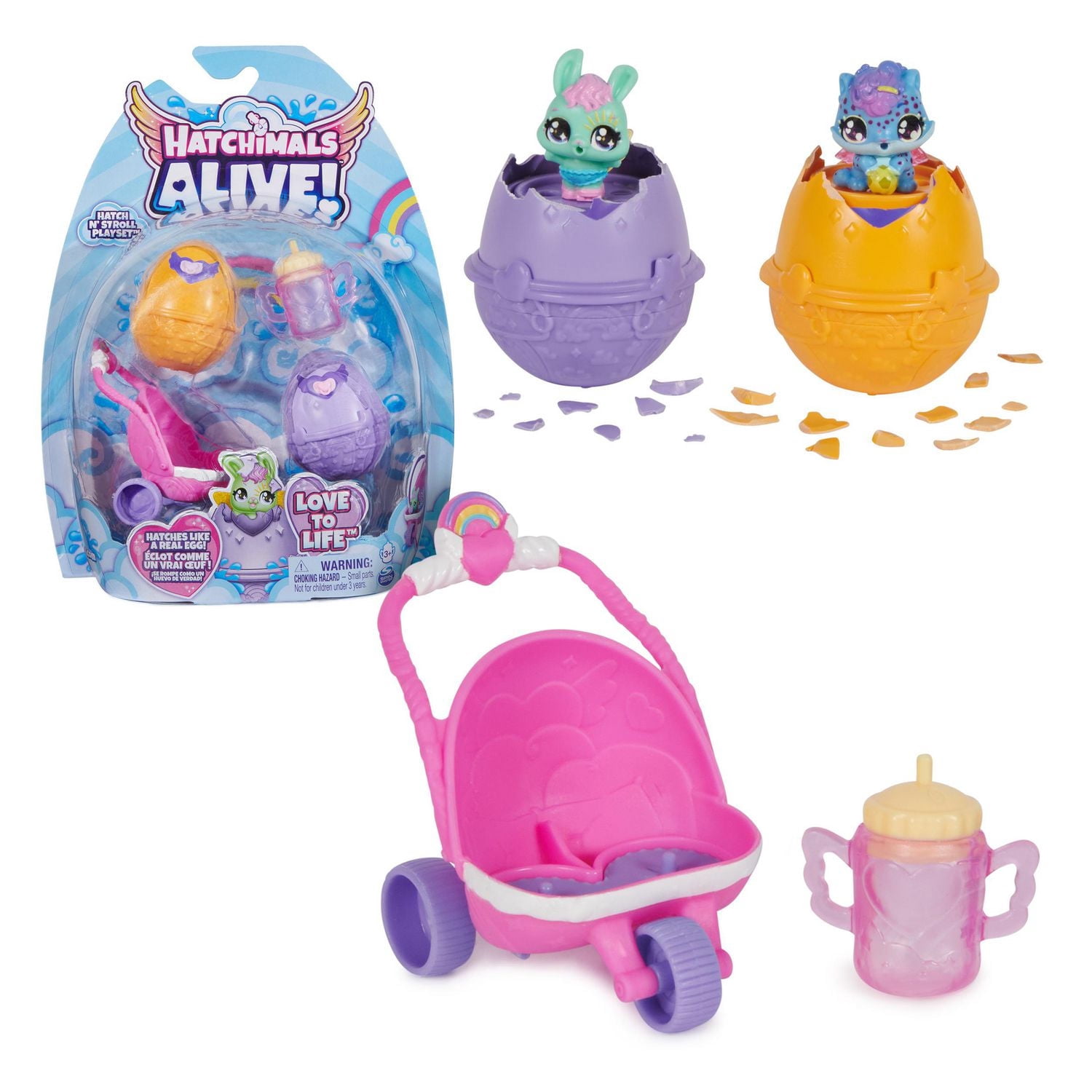 Hatchimals Alive, Hatch N' Stroll Playset avec poussette et 2 mini figurines dans des œufs qui éclosent tout seuls, jouets pour enfants pour filles et garçons, à partir de 3 ans