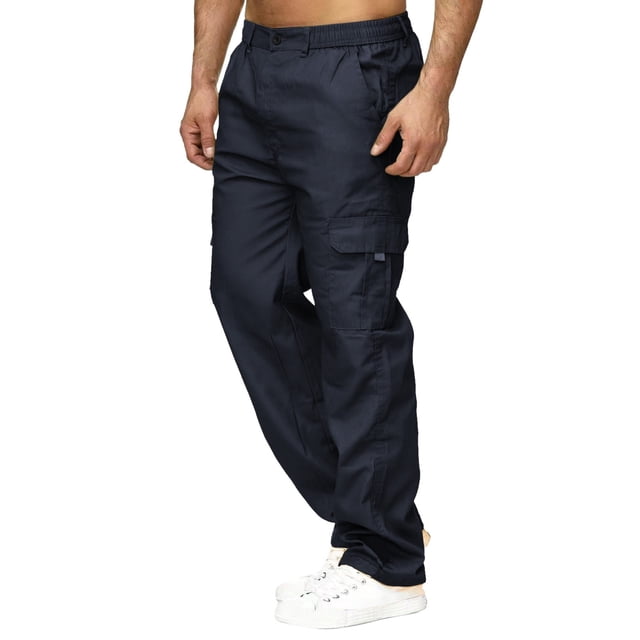 Pantalon Décontracté Homme Male Versatile All Season Cargo Pants Multi Pocket Zip Button Hem Solid Color Plus Size Trousers Men's Jogging Pants Navy XL