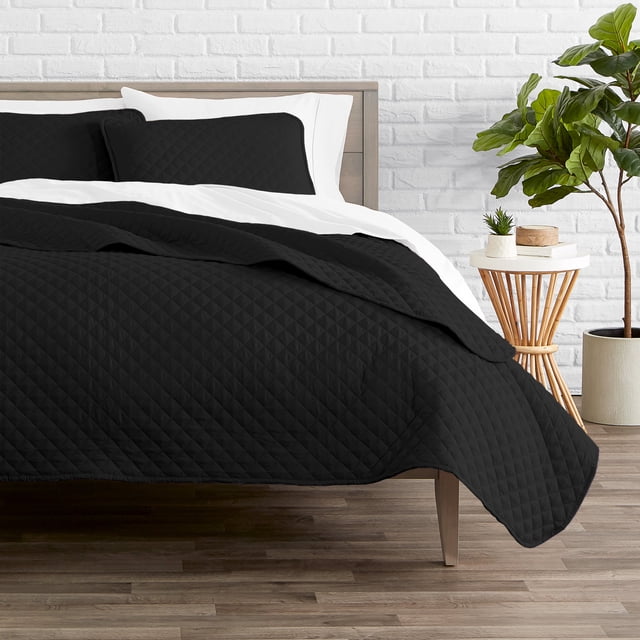 Bare Home Quilt Set - 3 Piece - Diamond Stitched Bedspread Coverlet - Full/Queen, Black