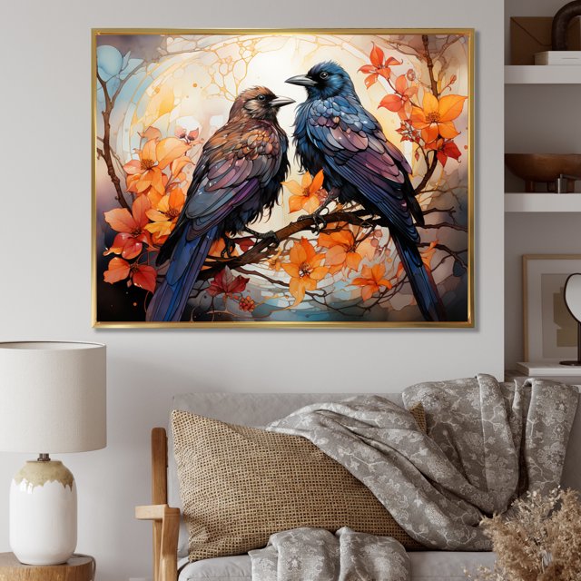 Designart Crow Oversized framed wall art decor, Crowframed wall art, Renaissance of the Regal Crow I , Blue Modern Gold framed wall art, 32x24 inches Gold Frame