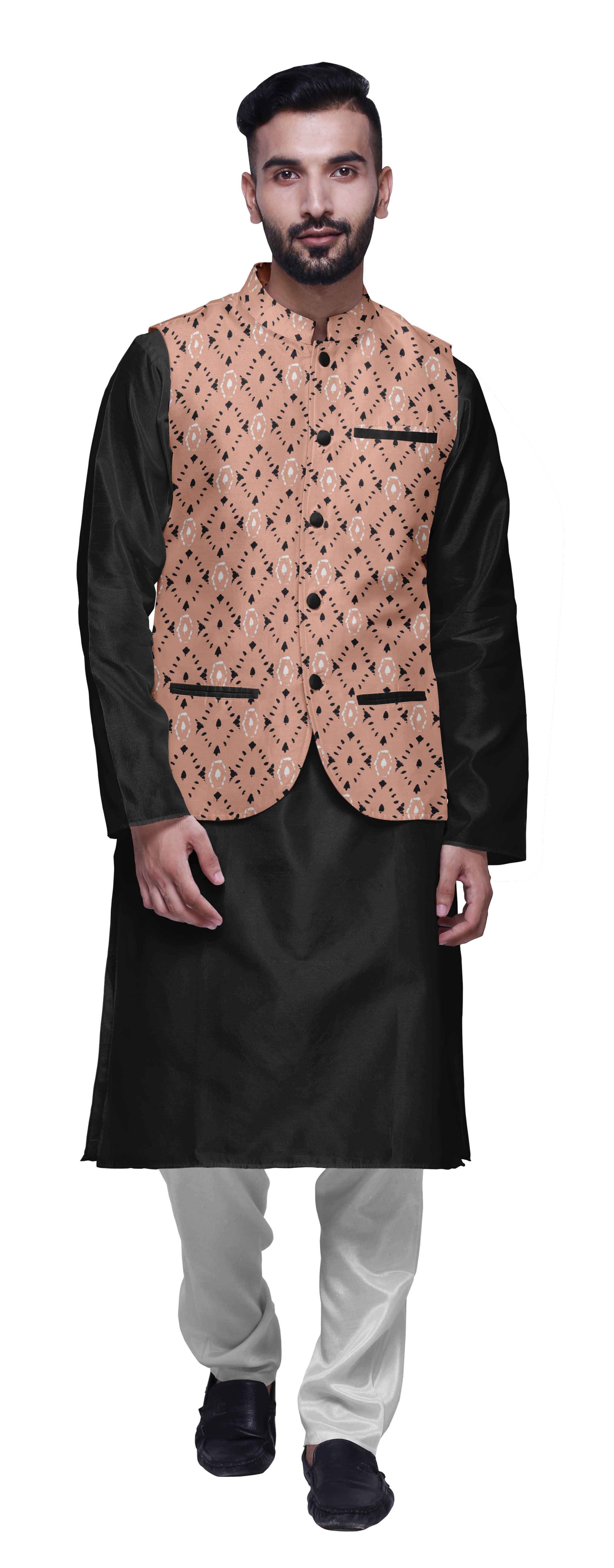 Atasi Ensemble de Pyjama Kurta Churidar Ethnique avec Veste Nehru Imprimée pour Hommes
