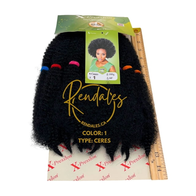 X-Pression Ceres Braid Crochet Braiding Hair Extensions, 60-inch synthetic fiber in a natural afro-like kinky texture. The pack includes 100g of soft, smooth, and lightweight hair suitable for braiding, locs, twists, and crochet hairstyles. Features Kanekalon fiber with hot water setting capability. Displayed in black color with vibrant thread accents, packaged with branding and a ruler for scale.
