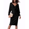 thumbnail image 2 of INSPIRE CHIC Robe Midi pour Femme Col en V Profond Manches Chauve-Souris Longues Ceinturée Robe Chandail Portefeuille L Noir, 2 of 6