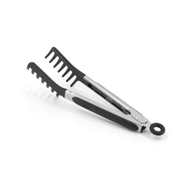 Farberware 9-Inch Specialty Nylon Tongs with stainless steel frame and black soft-grip handles, featuring heat-resistant nylon tines designed for gripping delicate foods like pasta and salad, with a pull-tab locking mechanism for compact storage.