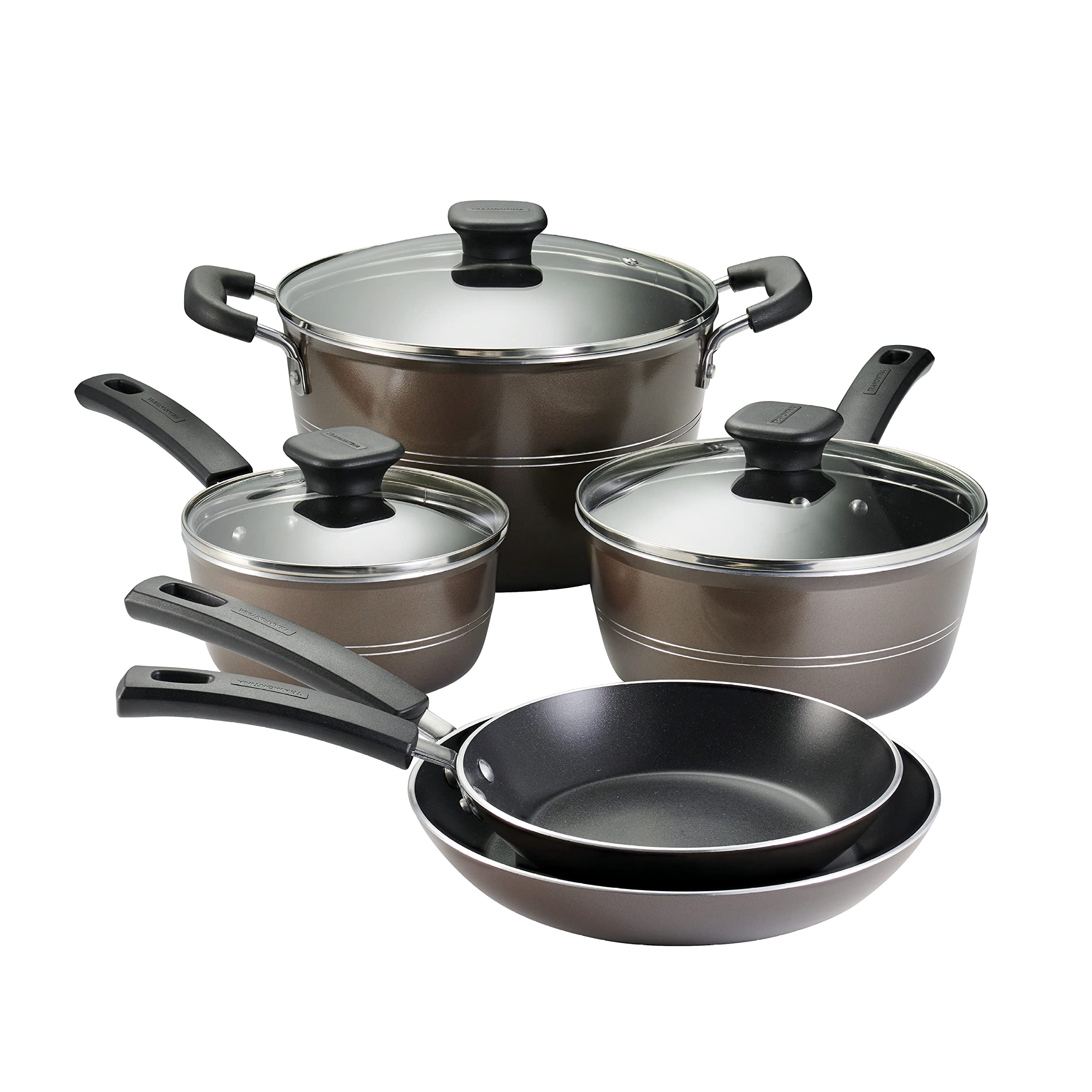 Tramontina Sicilia 8-Piece Non Stick Cookware Set with Glass Lids Aluminum Nonstick Pots and Pans Kitchen Set (Hazelnut)