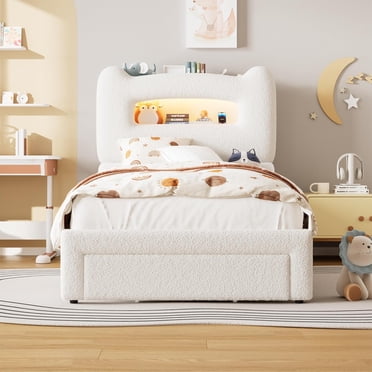 Cadres de Lit à DEL Format Simple avec Tiroir pour Enfants, Lit Plateforme Rembourré Robuste avec Tête de Lit de Rangement et Station de Recharge, Design à Profil Bas pour Enfants/filles/garçons, Sans Bruit, Blanc