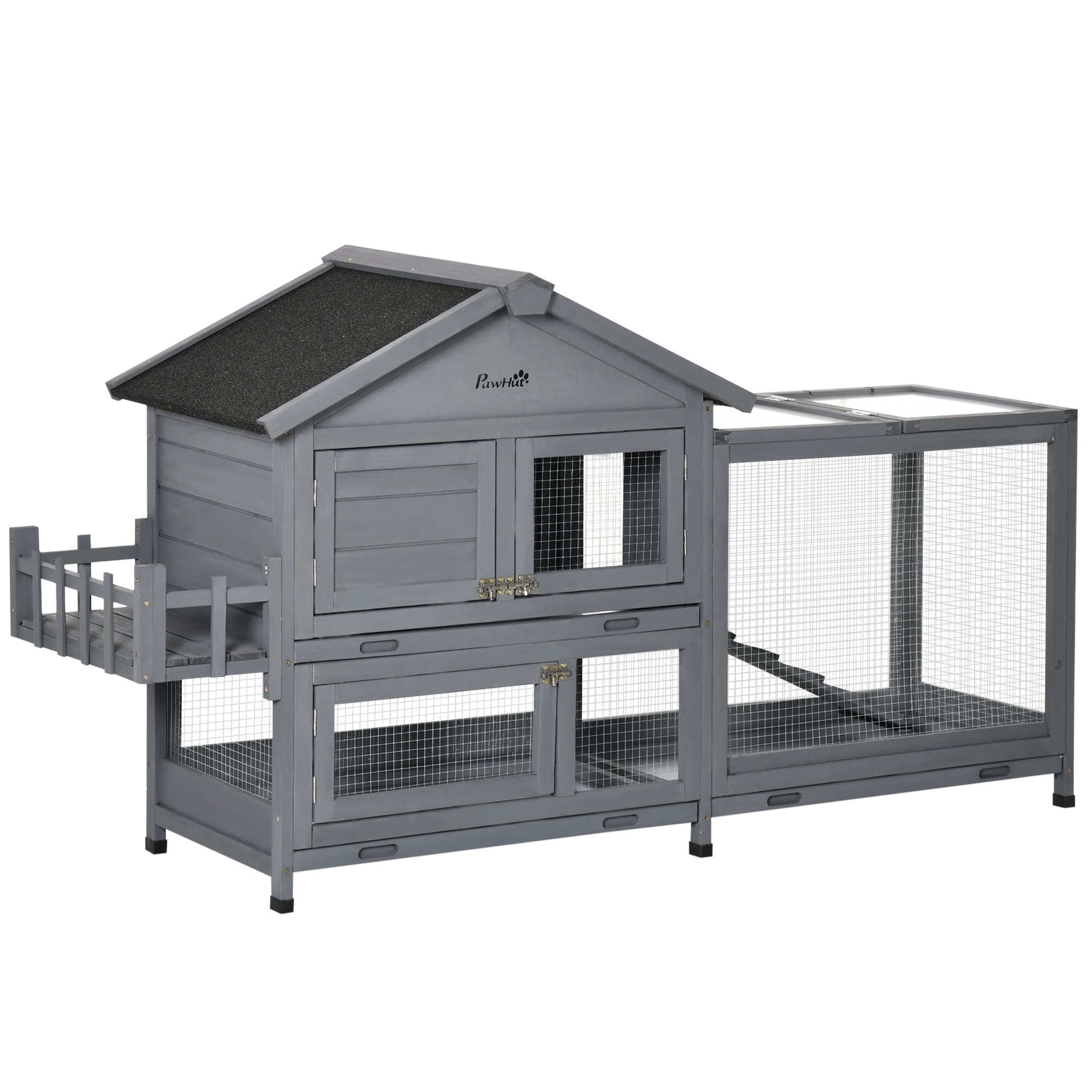 PawHut Wooden Rabbit Hutch with Openable Roof, Storage Box, Dark Grey