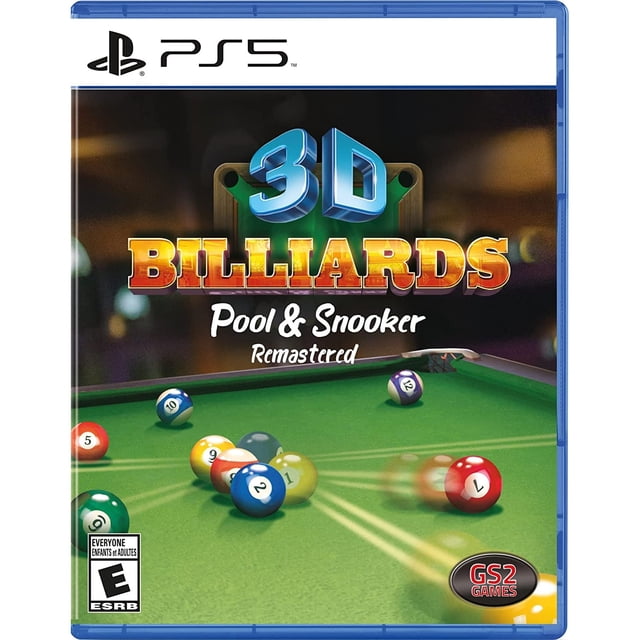 3D Billiards Pool And Snooker Remastered (PS5) game cover featuring a detailed billiards table with colorful balls in motion, illuminated by a warm, dimly lit background. The bold 3D title text is centered, with the GS2 Games logo and ESRB 'Everyone' rating displayed at the bottom.