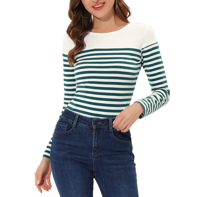 INSPIRE CHIC Blouse pour Femme à Rayures à Blocs de Couleur à Manches Longues T-Shirt Décontracté TP Blanc Bleu