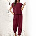 thumbnail image 3 of Tenues pour Femmes Été Ensembles 2 Pcs pour Femmes Ensemble de Vêtements Femme Col Rond Manches Courtes Hauts Pantalons Ensembles Style Pantalon Décontracté S_448 Survêtements pour Femmes Bourgogne m, 3 of 6
