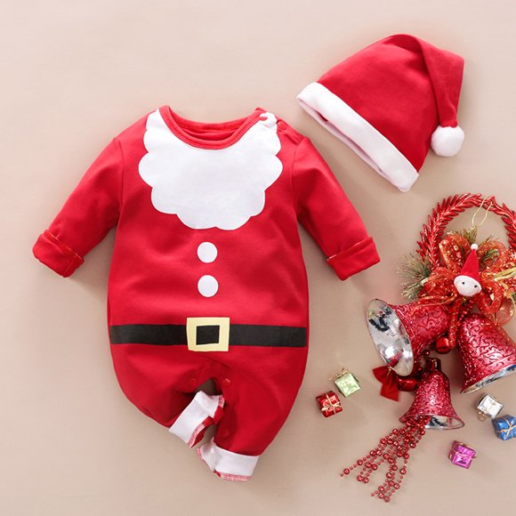 DEXIANG Baby Girl Boy Christmas Outfits Santa Baby Romper Long Sleeve Jumpsuit with Hat Xmas Outfits Girls Romper Size 8 Fall Dresses for Baby Girls Baby Girl Suit Long Sleeve Romper Baby Girl Romper