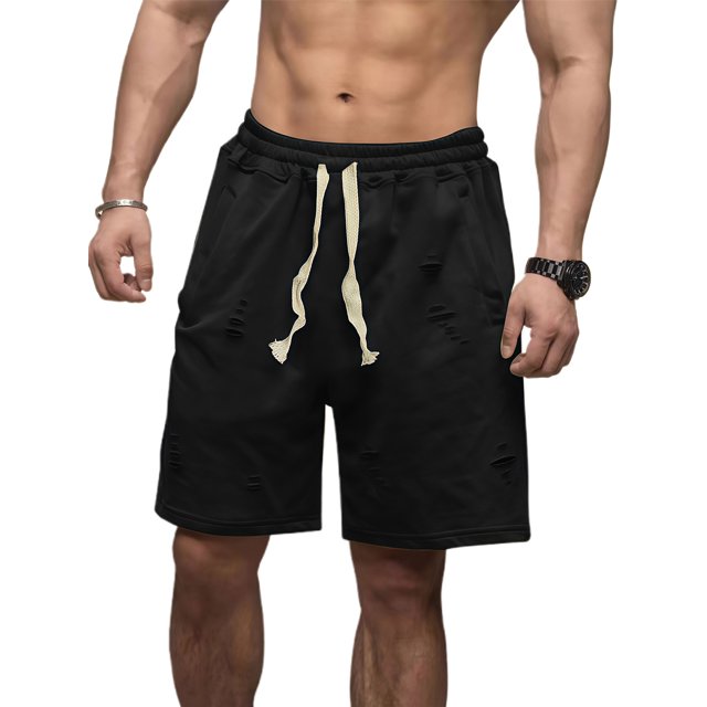 SUNSIOM Men Loose Joggers Shorts Casual Solid Color Ripped Drawstring Cargo Shorts with Pockets for Summer Streetwear