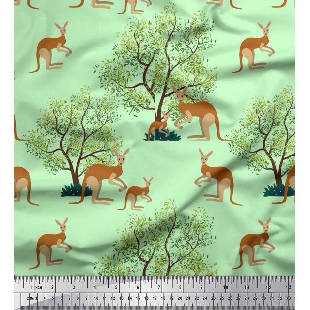 Soimoi Poly Georgette Fabric Tree & Kangaroo Animal Print Sewing Fabric Yard 42 Inch Wide