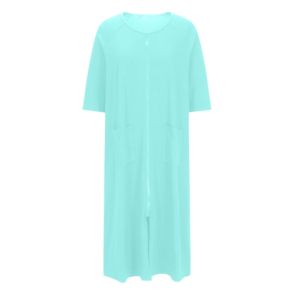 HUJlwoi Women Zip up Sleepshirt Long Robe Nightshirt Solid Color Pockets Bathrobe 3/4 Sleeve Crew Neck Loose Housecoat