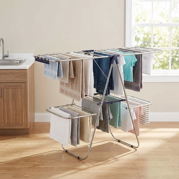 LEDREM Séchoir à Vêtements à 2 Niveaux, Pliable avec 4 Ailes Ajustables, 33 Rails, 27 Pinces à Chaussettes, Autoportant pour Usage Intérieur/extérieur, Argent et Bleu
