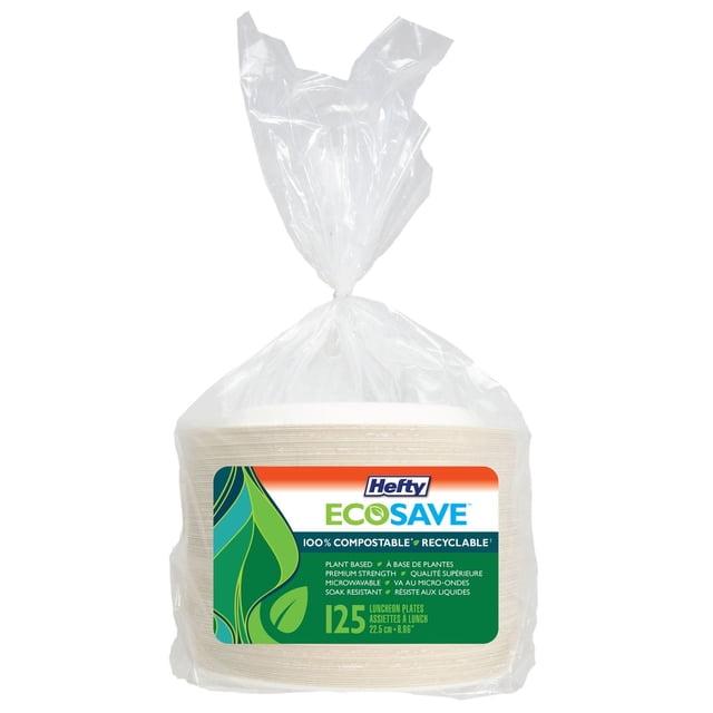 Hefty EcoSave® Assiettes à Lunch en Papier Assiettes Jetables Compostables, 125 Assiettes