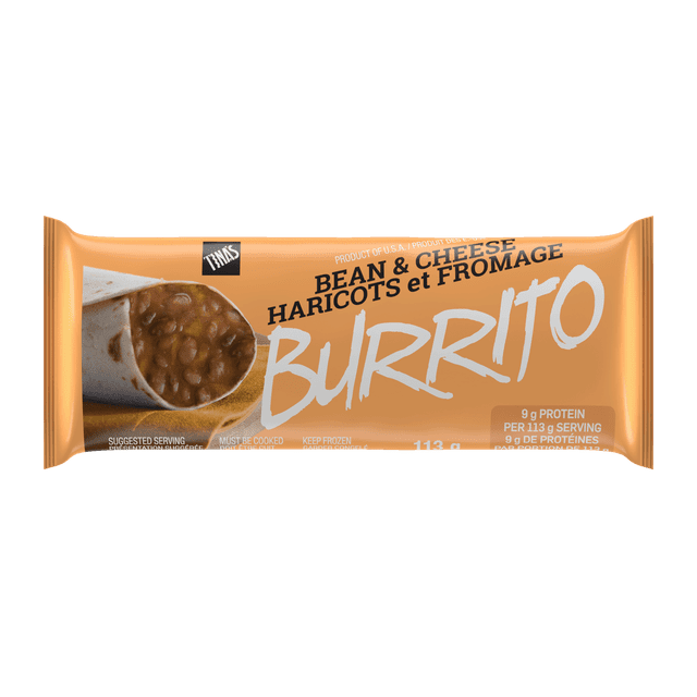 Tinas Bean and Cheese Burritos package showing a soft flour tortilla burrito filled with beans and melted cheese, frozen and ready for quick heating, with 9g protein per 113g serving, suitable for convenient frozen meals or snacks.
