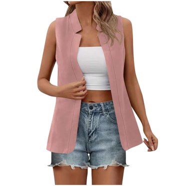 Summer Blazer Suit Vest Jacket Woman Sleeveless Open Front Cardigan Dressy Casual Business Office Workwear (X-Large, Pink)