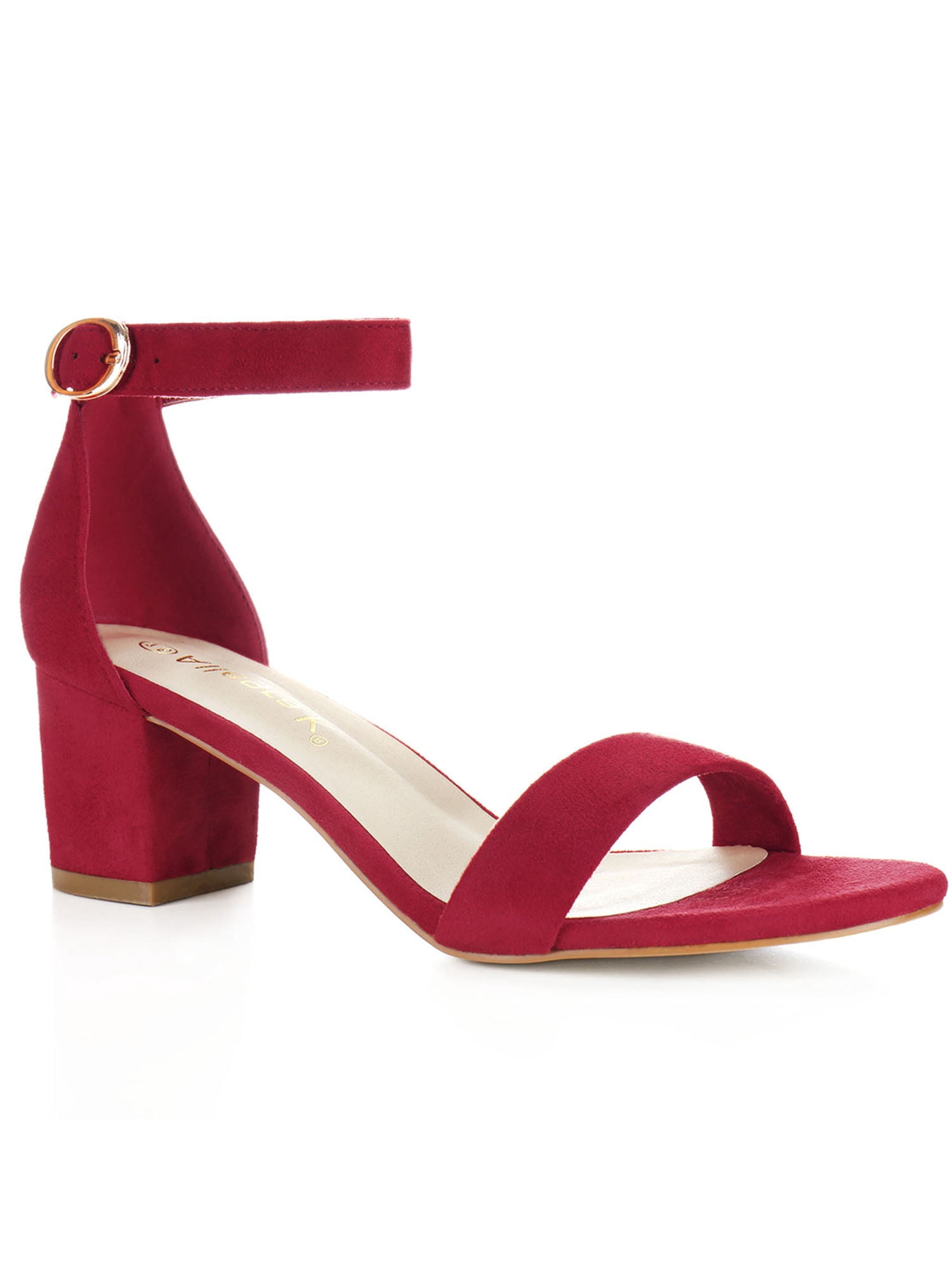 BLISSFUL STEP Women's Shoes Open Toe Mid Block Heel Ankle Strap Faux Suede Sandals Deep Red 7