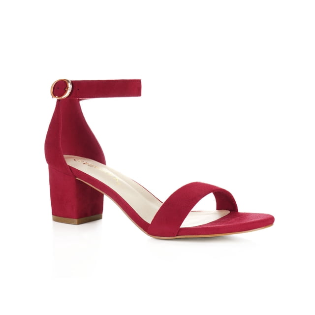 BLISSFUL STEP Women's Shoes Open Toe Mid Block Heel Ankle Strap Faux Suede Sandals Deep Red 7