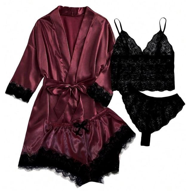 LSLJS Ensemble de Lingerie Jarretière Aguichant pour Femmes 4 Pcs Peignoirs Justaucorps en Dentelle sous-Vêtements à Col en V Profond