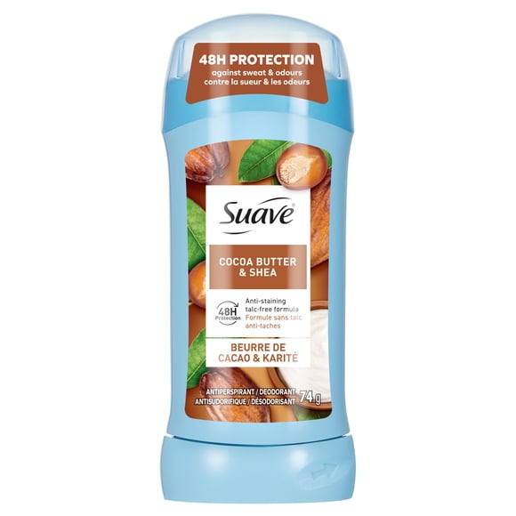 Suave Antiperspirant Deodorant For Women, Invisible, Underarm Deodorant Stick, 48hr Odor & Wetness Protection, Cocoa Butter & Shea Fragrance, 74g