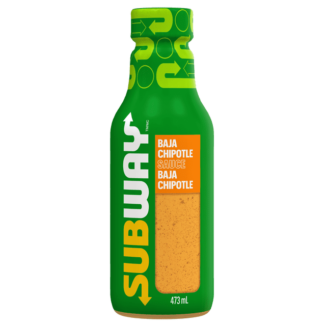 Subway Sauce - Baja Chipotle dans une Bouteille Verte de 473 ml avec Image de Marque Subway Jaune et Blanche et une Étiquette orange Montrant la Sauce Chipotle orange Crémeuse et Mouchetée, Convient pour une Utilisation comme marinade Ou Sauce de Cuisson.