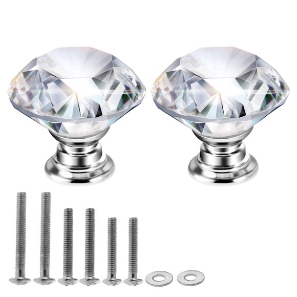 Mtsooning 2PCS Diamond Glass Knob, 30mm/1.18" Clear Shaped Crystal Pull with 3 Size Screws for Closet Cabinet Drawer Dresser Kitchen Wardrobe Handles