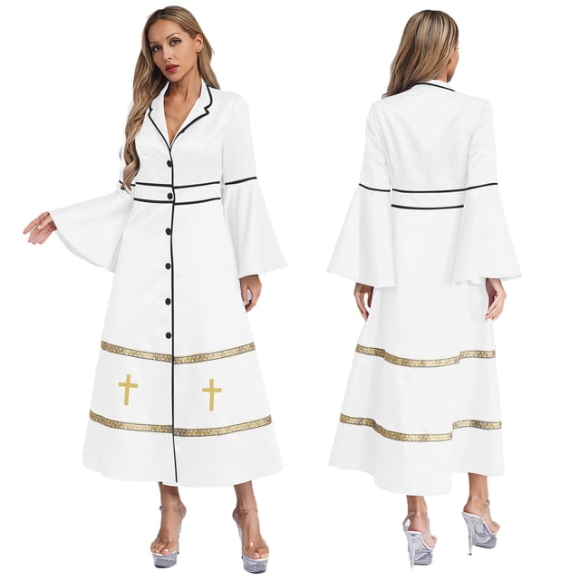 TiaoBug Clergy Robe for Women Long Sleeve Buttons Cassock Pulpit Church Minister Pulpit Robe Liturgical Vestments White M