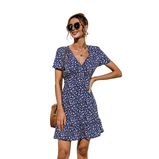 Nouvelle Robe à Fleurs Imprimée pour Femmes, Couleur à Pois, Col en V Sexy, Patchwork, Volants, Style Plage, Bureau, Mini Vestido