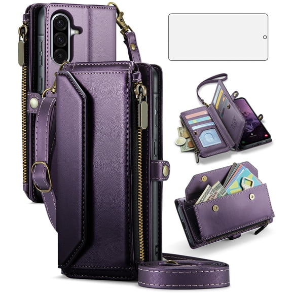 Asuwish Compatible with Samsung Galaxy A36 5G Zipper Wallet Phone Case Tempered Glass Screen Protector Crossbody Lanyard Strap Flip Card Holder Slot Cell Cover for A36 36A LTE SM-A366U Women Purple