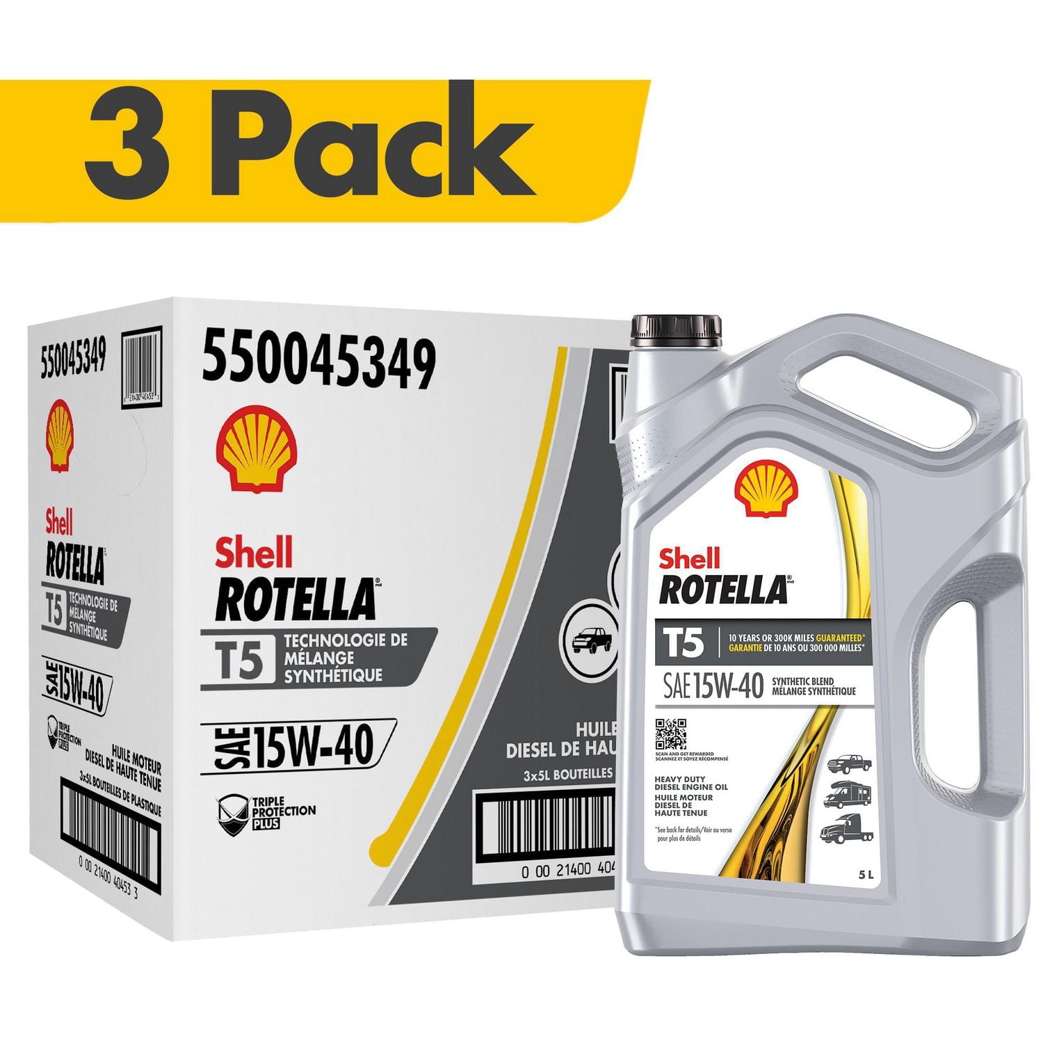 Shell Rotella T5 Synthetic Blend 15W-40 Diesel Engine Oil, 5 Litre (3 pack)