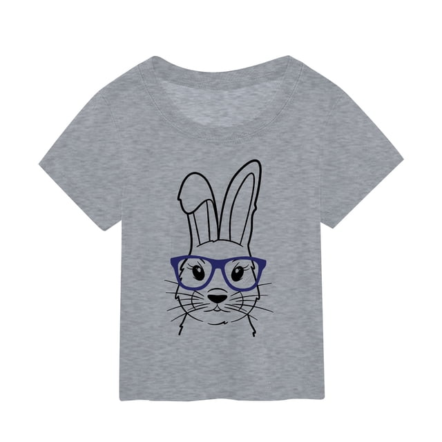 PMVFHDE T-Shirt Imprimé Lapin de Pâques pour Filles - Mignon Col Rond Manches Courtes pour Printemps Vacances, Fête de Pâques & Tenues Décontractées (Doux & Confortable) Gris, 7-8 Ans