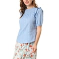thumbnail image 4 of INSPIRE CHIC Women's Puff Shoulder Round Neck Collarless Ruffle Keyhole Back Blouse, 4 of 5