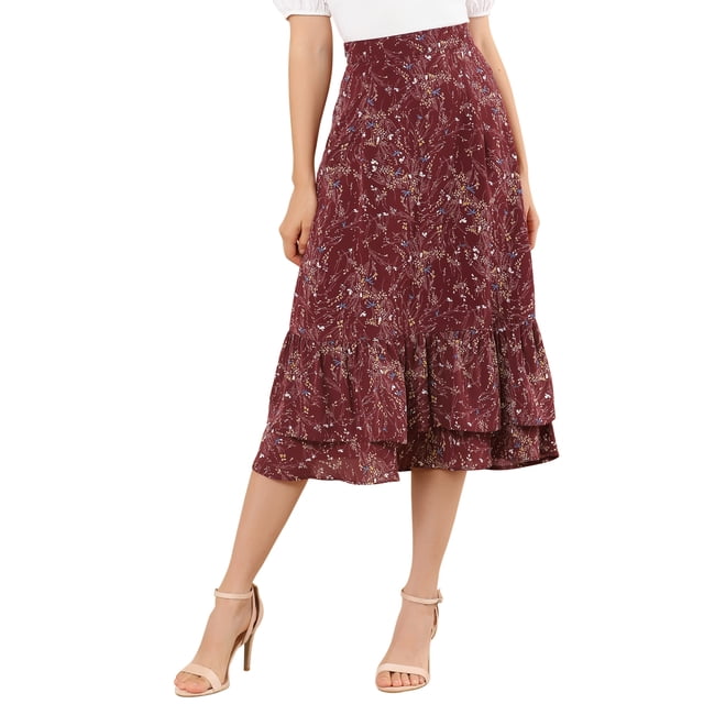 Unique Bargains Women's Floral Print Elastic Waist Ruffle Hem Midi Skirt
