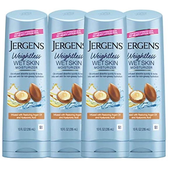 Jergens Hydratant Corporel pour Peau Mouillée avec Huile d'Argan Réparatrice, 10 Onces (Lot de 4) (l'Emballage Peut Varier)
