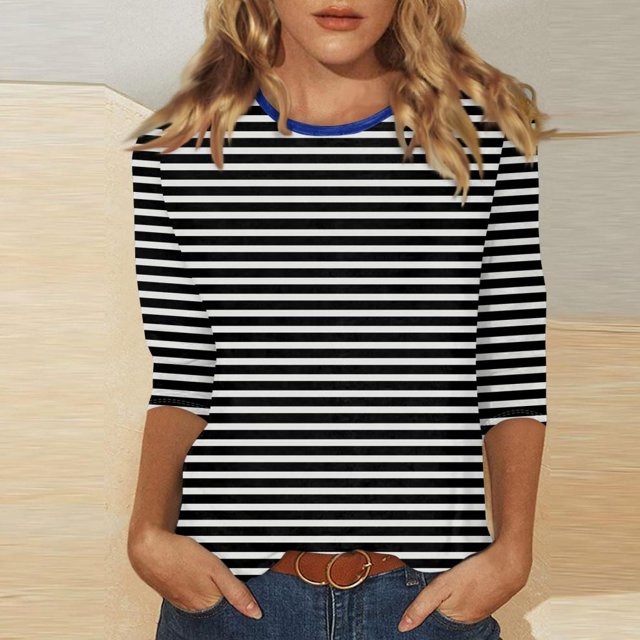 SDNall Mode Femmes Blouses à Rayures Imprimées T-Shirt à Manches Trois-Quarts Haut à Col Rond