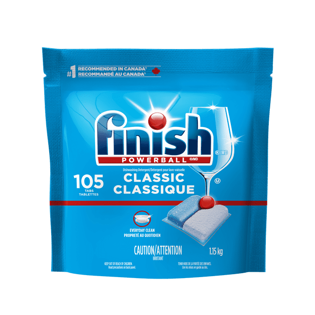 Finish Classic Détergent pour Lave-Vaisselle Powerball 105 Tablettes dans un Sachet Bleu Refermable Pesant 1,15 kg, Comprenant une Tablette Powerball Rouge et un Graphique de Verre de Vin Pétillant, Étiqueté #1 Recommandé au Canada pour le Nettoyage Quotidien Capsules pour Lave-Vaisselle.