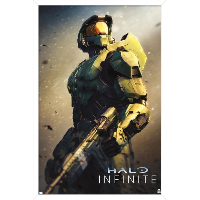 Halo Infinite - Become Wall Poster, 22.375" x 34" framed, depicting Master Chief in green and gold armor holding a rifle against a blurred dusty background with the Halo Infinite logo, suitable for decorating bedrooms, offices, or gaming rooms.