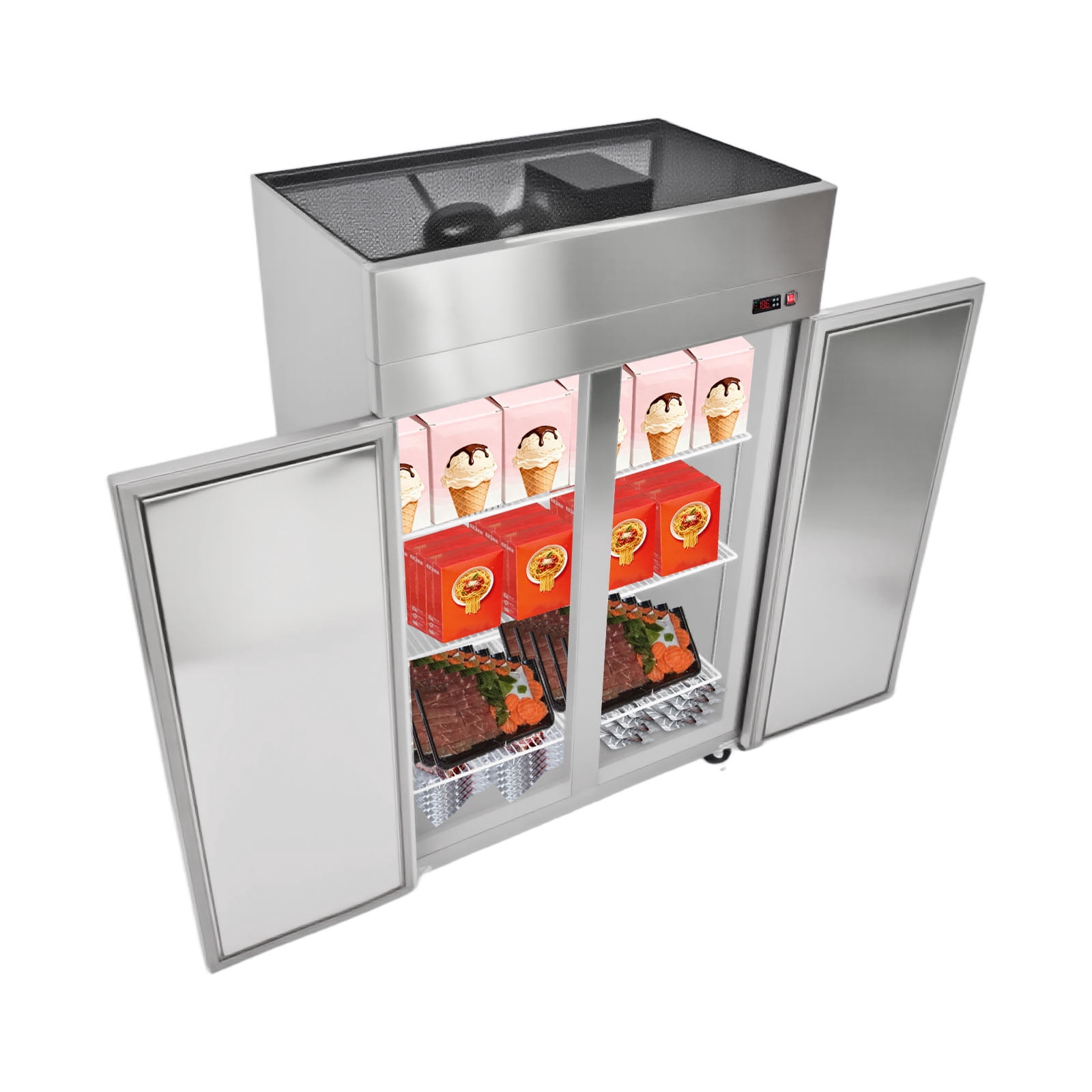 KFFKFF Commercial Reach-In Freezer 48" W, 33 Cu.Ft Stainless Steel Upright Freezer with Double Glass Doors, Auto-Defrost, 6 Adjustable Shelves