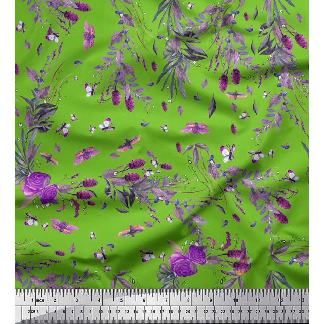 Soimoi Green Satin Silk Fabric Insects,Rose & Leaves Decor Fabric Printed Yard 42 Inch Wide