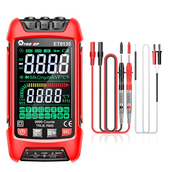 9999 Counts Digital Multimeter Color Display Handheld Multimeter NCV Noncontact Sensing Professional Voltage Current Capacitance Resistance Diode Measurement Meter Temperature Tester